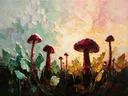 Paddenstoel onder de hemel in wijnmint, schilderij van paddenstoel onder de hemel