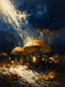 Paddenstoel onder een storm in goudoker, schilderij van paddenstoel onder een storm