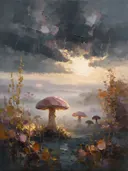 Paddenstoel onder een storm in oudroze, schilderij van paddenstoel onder een storm