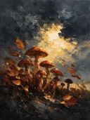 Paddenstoel onder een storm in roest, schilderij van paddenstoel