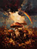 Paddenstoel onder een storm in terracotta, schilderij van paddenstoel