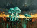 Paddenstoel onder een storm in turkoois, schilderij van paddenstoel onder een storm