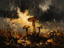 Paddenstoel onder een storm in zwartgoud, schilderij van paddenstoel