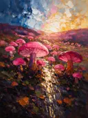 Paddenstoel op de helling in fuchsia, schilderij van paddenstoel op de helling