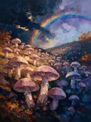Paddenstoel op de helling in oudroze, schilderij van paddenstoel onder een storm