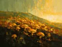 Paddenstoel op de helling in saffraan, schilderij van paddenstoel op de helling