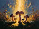 Paddenstoel tegen de lucht in aubergine, schilderij van paddenstoel tegen de lucht