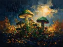 Paddenstoel tegen de lucht in bosgroen, schilderij van paddenstoel van dichtbij