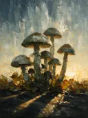 Paddenstoel tegen de lucht in saliegrijs, schilderij van paddenstoel tegen de lucht