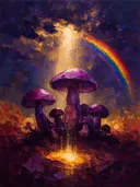 Paddenstoel tegen de lucht in violet, schilderij van paddenstoel tegen de lucht
