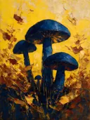 Paddenstoel van dichtbij in blauwgeel, schilderij van paddenstoel van dichtbij