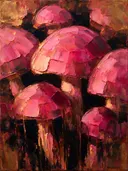 Paddenstoel van dichtbij in fuchsia, schilderij van paddenstoel op de helling