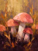 Paddenstoel van dichtbij in koraal, schilderij van paddenstoel onder de hemel