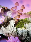 Kleine paddenstoelen op een boomstam in roze en paars licht