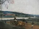 Paesaggio brasiliano con carretto e buoi, 1638, 02 van Frans Post: landschap met ossen, kar, rivier en heuvels, in zachtgroen en lichtblauw