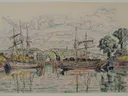 Paimpol ( ) van Paul Signac: zee met haven, zeilschepen, water en spiegeling, in gedempt beige en blauw