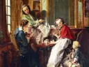Painting of a family at breakfast by van François Boucher: interieur met gezin, ontbijt, kinderen en tafel, in warm bruin en rood