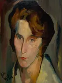 Painting of the artist's mother van Max Liebermann: portret met vrouw, ouder, donkere jas en ernstig, in gedempt groen en bruin