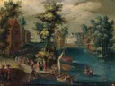 Paisaje con barcas van Izaak van Oosten: landschap met rivier, boten, dorp en bomen, in groen en blauw