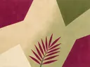 Schilderij van palmblad in magenta en olijfgroen, in vlakke kleurvlakken