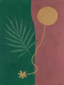 Schilderij van palmblad in smaragd en oud roze, in vlakke kleurvlakken