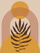 Illustratie van een palmblad voor een zon en gestreepte boog in oranje tinten