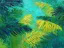 Schilderij van palmbladeren in teal en goudgeel tegenlicht