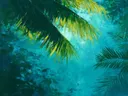 Schilderij van palmbladeren tegen een heldere teal-witte lucht