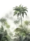 Meerdere palmbomen in een nevelig blauwgroen jungle landschap.