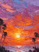 Schilderij van palmbomen die een vurige zonsondergang omlijsten