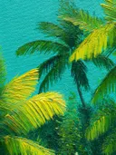 Botanisch schilderij van palmbomen tegen een turkooizen lucht