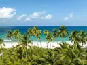 Tropisch strand met palmbomen op de voorgrond en turkoois water.