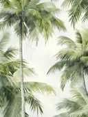 Twee palmbomen gefotografeerd vanuit een laag standpunt tegen een witte lucht.