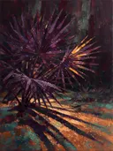 Schilderij van palmboom aan de bosrand in aubergine, in vlakke kleurvlakken
