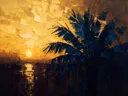 Schilderij van palmboom aan de oever in inktblauw, in vlakke kleurvlakken