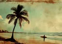 Vintage strandfoto van een palmboom en een surfer met surfboard aan de kust