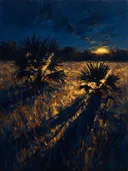 Schilderij van palmboom in de weide in zwartgoud, in vlakke kleurvlakken