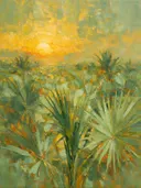 Schilderij van palmboom in het landschap in mint, in vlakke kleurvlakken