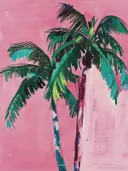 Illustratie van een palmboom met groene bladeren tegen een roze achtergrond