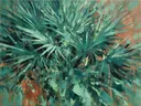 Schilderij van palmboom in zeegroen, in vlakke kleurvlakken