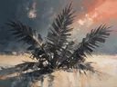 Schilderij van palmboom onder de hemel in antracietkoraal, in vlakke kleurvlakken