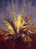 Schilderij van palmboom onder de hemel in zwavelviolet, in vlakke kleurvlakken