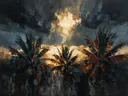 Schilderij van palmboom onder een storm in roest, in vlakke kleurvlakken