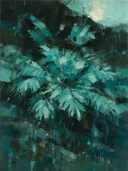 Schilderij van palmboom op de helling in turkoois, in vlakke kleurvlakken