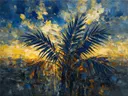 Schilderij van palmboom tegen de lucht in blauwgeel, in vlakke kleurvlakken