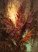 Schilderij van palmboom van dichtbij in wijnmint, in vlakke kleurvlakken
