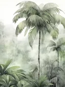 Hoge palmboom in mistig jungle landschap met andere palmen op de achtergrond.