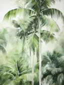Palmboomkroon van onderaf gezien tegen een lichte achtergrond.