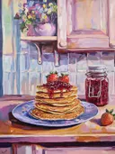 Schilderij van een stapel pannenkoeken met jam en aardbeien op een bord.