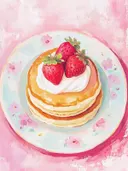 Schilderij van een stapel pannenkoeken met slagroom en aardbeien op een bord.